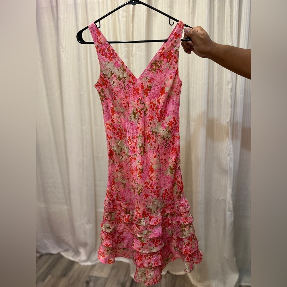Ann Taylor women’s vintage pink floral ruffle silk dress size 2